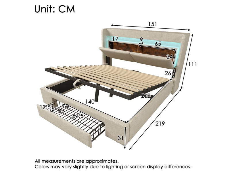  Lit coffre 140 × 200 cm 2 places avec led réglable, usb et usb-c, tiroir, matelas inclus, beige en lin  - Conforama D
