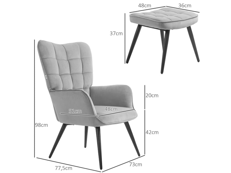  Fauteuil à oreilles avec repose-pieds en aspect velours gris clair  - Conforama C