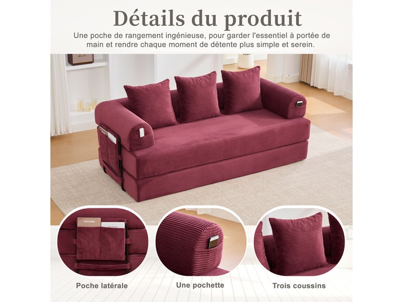  Canapé modulable rouge velours côtelé 200 x 94 x 67 cm, 3 coussins, poche latérale, cadre métal, salon séjour W2845S00502 - Conforama E