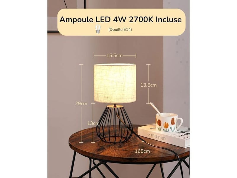  Lampe de chevet industrielle t165 avec abat-jour lin beige et base métal noire 2700k e14 370618_AABJN35729_6_DROPFR - Conforama D