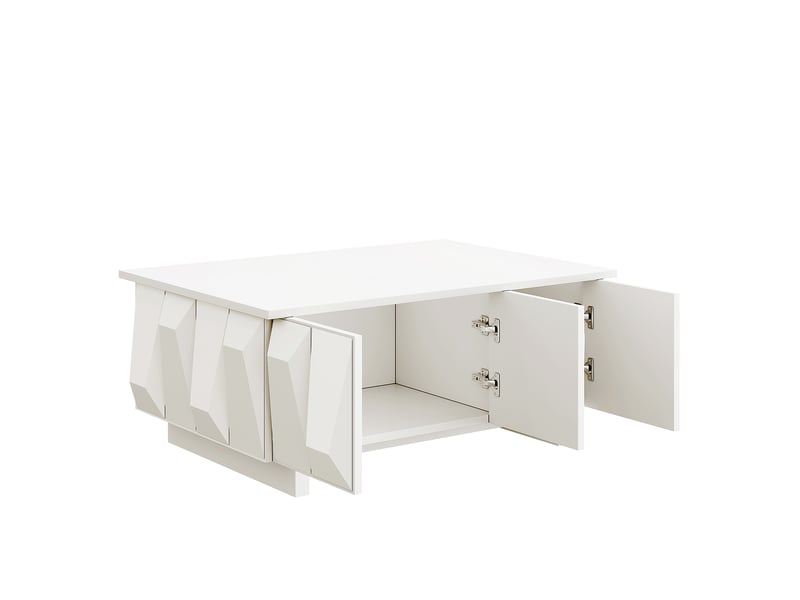  Table basse blanche en panneau de particules avec 3 portes 3d, rangement fermé et style moderne pour le salon  - Conforama D