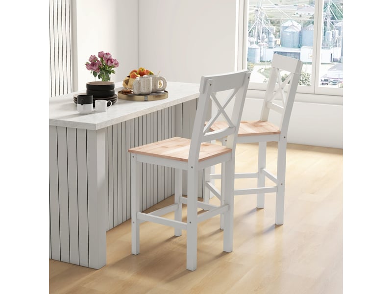  Tabourets hauts de cuisine en bois, hauteur d'assise 60,2 cm, avec dossier et repose-pieds, 41 x 46 x 97,5 cm, naturel et blanc  - Conforama D
