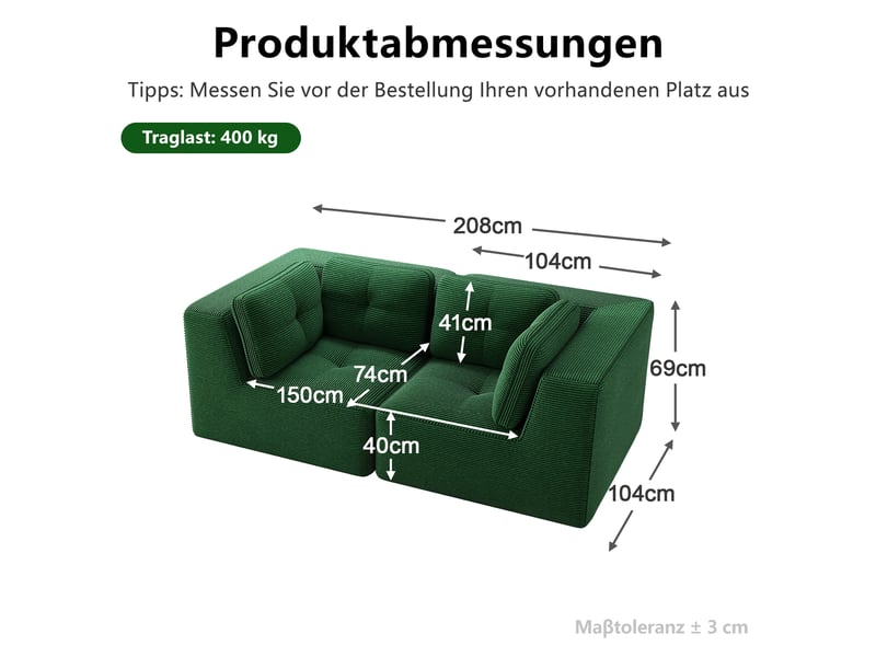Canapé droit modulable 2 places velours côtelé vert – 208 x 104 x 69 cm Fay Lum - Conforama C