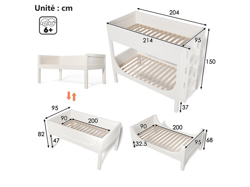 Lit superposé 90x200 cm, lit enfant avec échelle et tiroirs de rangement, mdf, blanc  - Conforama C