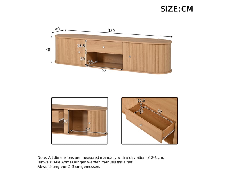  Meuble tv bas 180 x 40 x 40 cm, 2 portes à rideau, tiroir, coloris bois  - Conforama C
