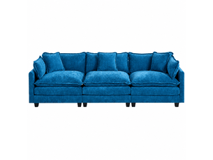 Canapé droit modulable 3 places 289 × 75 × 84 cm en chenille bleu, coussins rembourrés