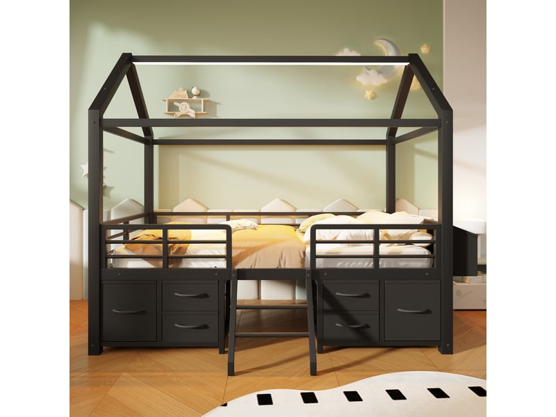  Lit mezzanine - 90x200 cm - tiroirs de rangement - éclairage led - structure métal - lit enfant - solution gain de place - noir CozyNest - Conforama D
