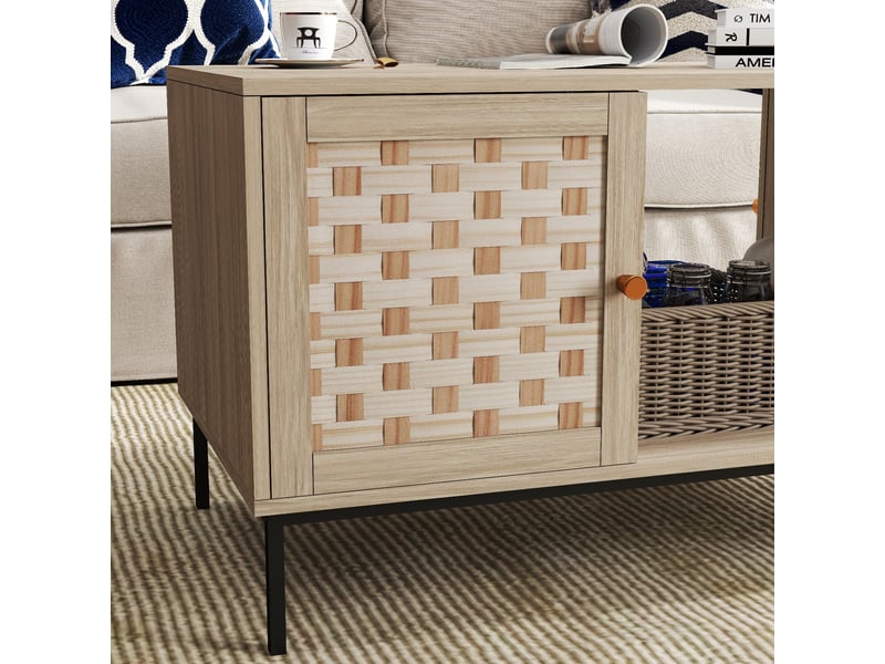  Table basse rectangulaire avec rangement et 4 portes coulissantes, 106 x 50 x 47,5 cm, coloris chêne  - Conforama R
