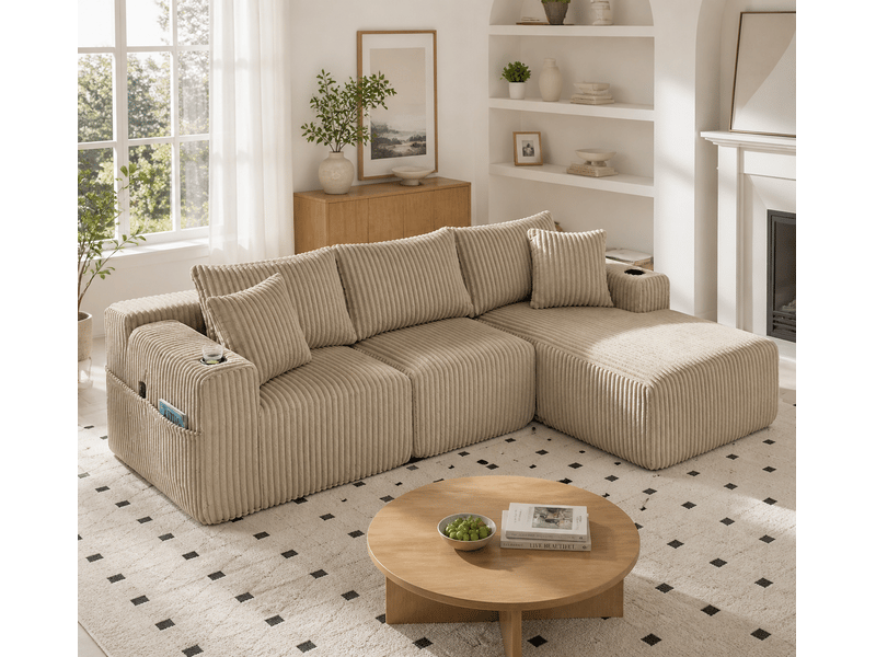 Canapé modulable 257 x 90-160 x 62 cm, méridienne, module 2 places, 5 coussins, porte-gobelets, poches latérales, velours côtelé, kaki Bliss Lite - Conforama D