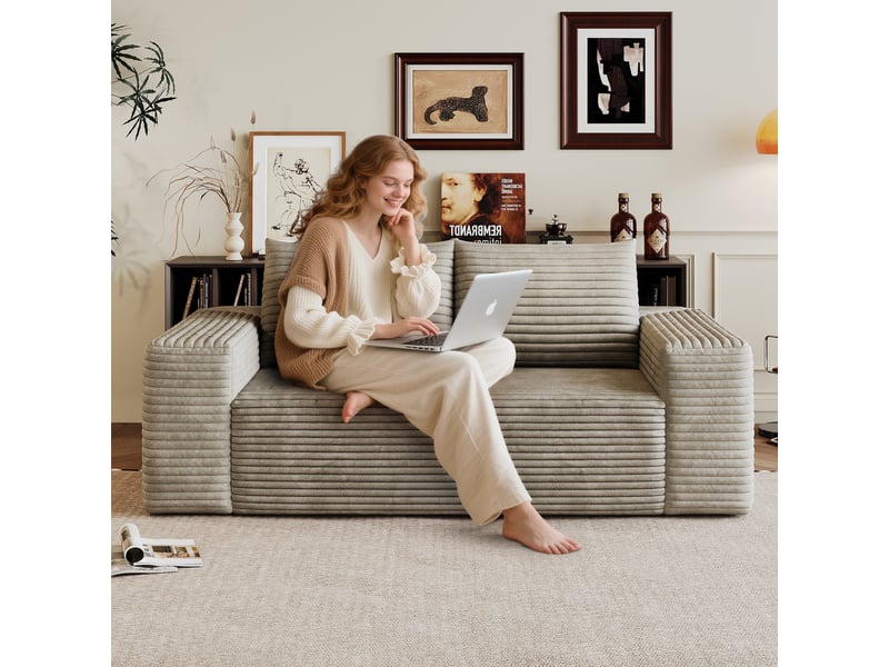  Canapé compressé 2 places canapé droit canapé nuage en velours côtelé avec accoudoirs pour salon chambre, chameau  - Conforama C