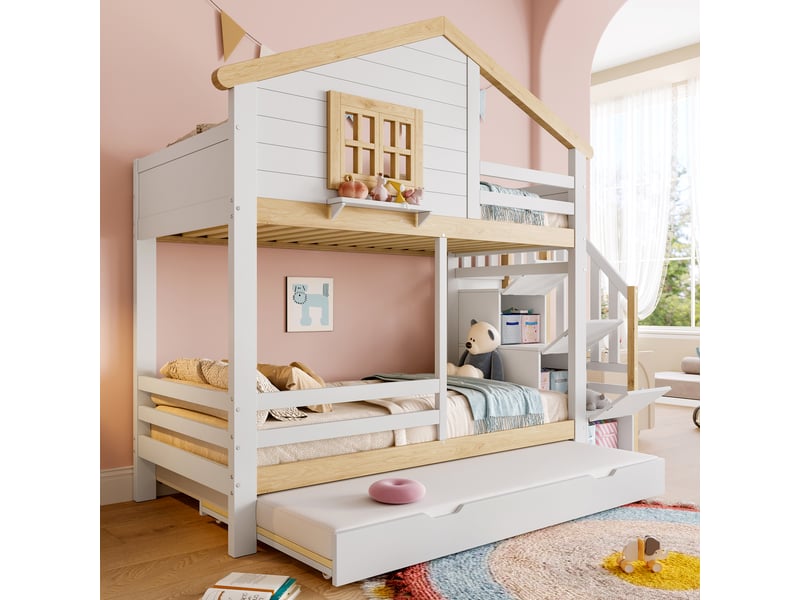  Lit superposé cabane avec lit gigogne et escalier, lit enfant 90x200 cm en bois massif, sécurité optimale, blanc et bois naturel  - Conforama B