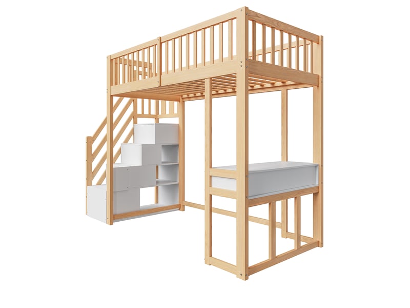  Lit mezzanine 90x200 avec bureau et escalier de rangement sécurisé, lit mezzanine blanc pour enfant en pin massif, 250x96x175cm.  - Conforama E