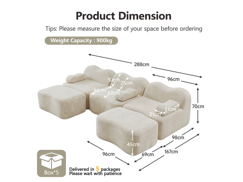Canapé panoramique en u modulaire 3 places avec assises profondes et poufs, pour salon, en velours beige - Conforama E