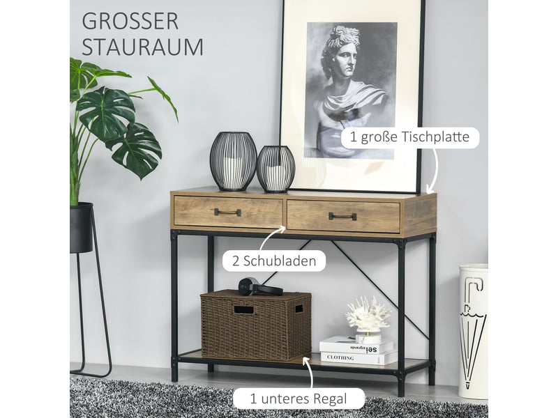  Table console avec 2 tiroirs et étagère marron et noir 100x35x76,5 cm  - Conforama E