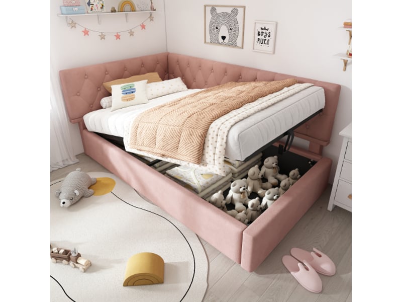 Lit enfant 90x190 cm, canapé avec rangement hydraulique, cadre de lit avec sommier à lattes en bois, sans matelas, velours, rose - Conforama C