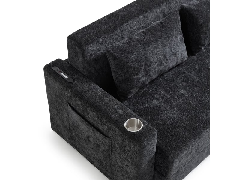 Canapé-lit convertible 2 places modenvie en tissu chenillé noir et gris avec usb, porte-gobelets et poches latérales 153 x 77 x 65 cm  - Conforama E