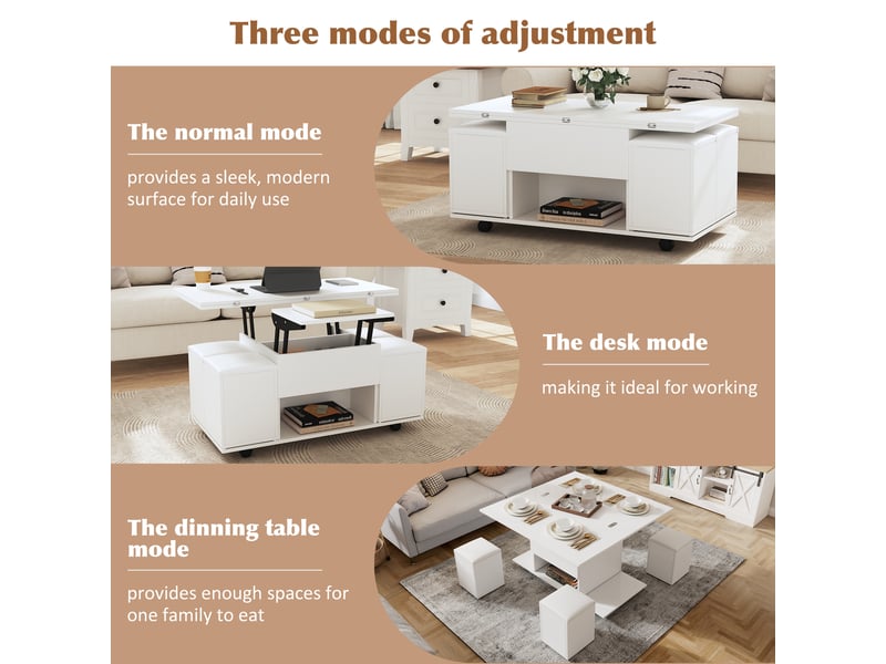 Table basse, à plateau relevable, convertible avec 4 tabourets, avec rangement intégré, 100 x 50 x h 48–63,5 cm, blanc, pour votre salon et séjour Luxe haut de gamme - Conforama E
