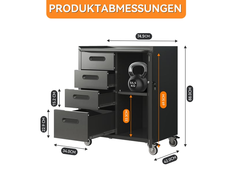  Armoire à outils en métal 75 x 42 x 88 cm noir et gris, 4 tiroirs, rangement verrouillable à roulettes  - Conforama C