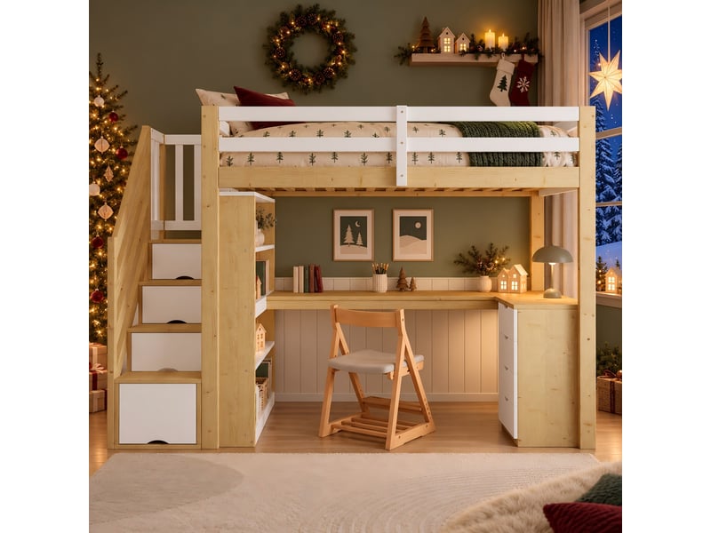  Lit mezzanine enfant 90x200cm blanc et bois naturel, bureau intégré, escalier de rangement, étagères et tiroirs, pin et mdf, aménagement gain de place  - Conforama B