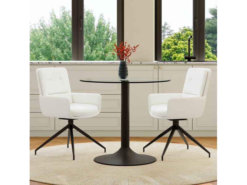  Ensemble table ronde diamètre 85 cm avec 2 fauteuils pivotants – transparent, blanc et noir – style chic  - Conforama B
