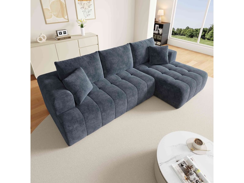  Canapé d'angle modulable 3 places 244.5x136x79 cm, canapé nuage sans structure, tissu chenille, design bas, coussins inclus - bleu  - Conforama D