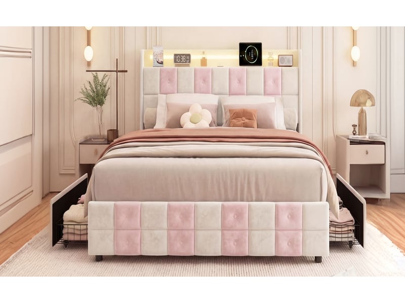  Lit double 140 x 190 cm blanc et rose – velours, tête de lit avec étagère &amp; led, usbtype-c, 4 tiroirs  - Conforama C
