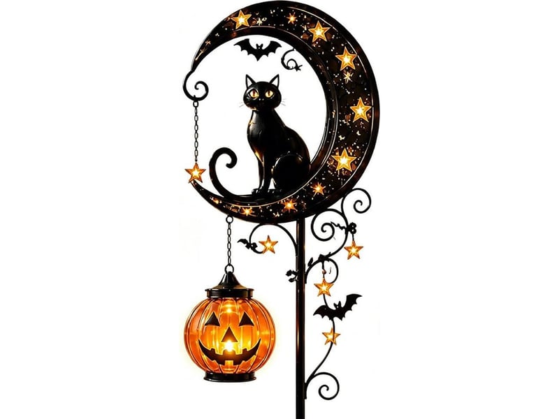 Lampe solaire de jardin halloween avec chat noir, citrouille et lune, piquet lumineux led étanche en métal pour pelouse, allée et terrasse - Conforama A