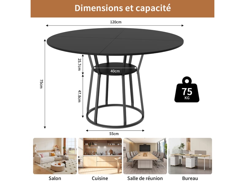 Table à manger ronde 6 personnes avec plateau aspect bois et pied en métal 120 cm, noir - Conforama C