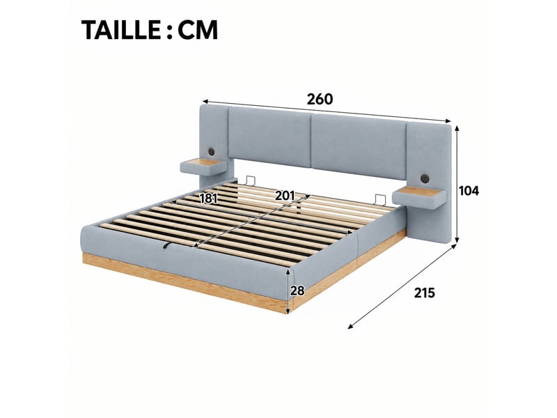  Lit coffre 180x200 à relevage hydraulique, chevets et usb, gris et naturel  - Conforama C