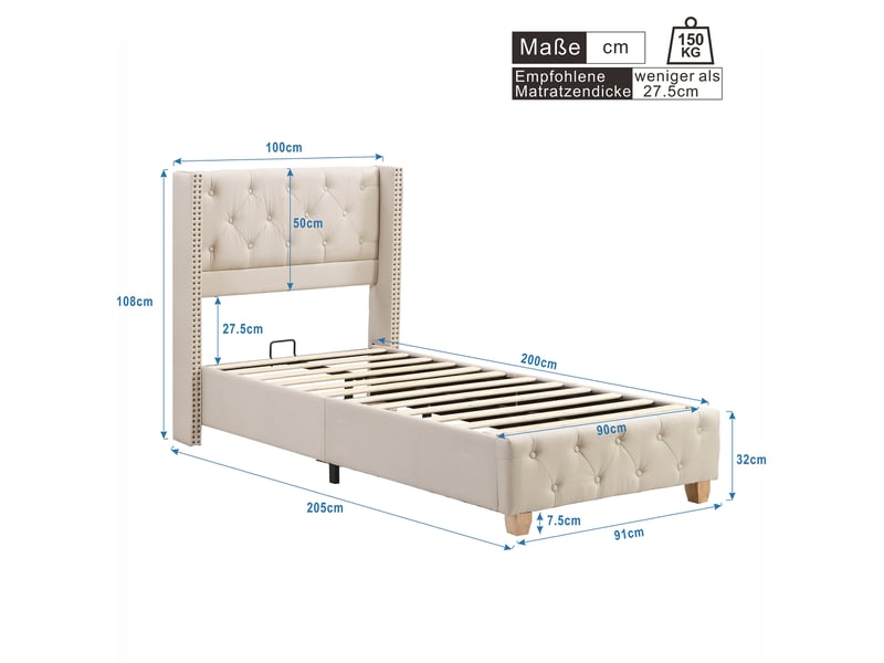  Modenvie lit capitonne 90x200 cm - tete de lit a ailes, capitonnage a boutons - sommier inclus, beige  - Conforama C