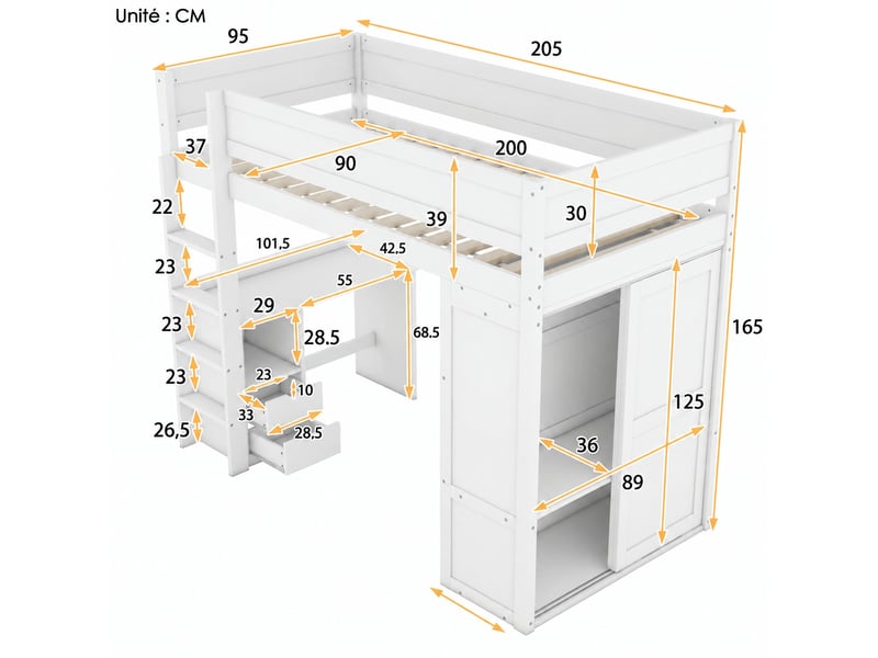Lit mezzanine enfant 90 x 200 cm blanc avec bureau, armoire intégrée et 2 tiroirs, en pin et mdf - Conforama C