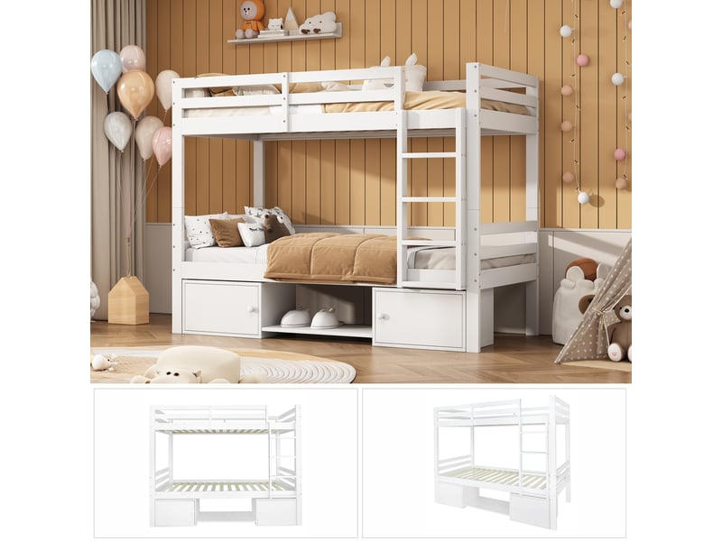  Lit superposé 90x200 cm - lit enfant avec rangement et porte chaussures - mdf + pin - sans matelas - blanc  - Conforama D