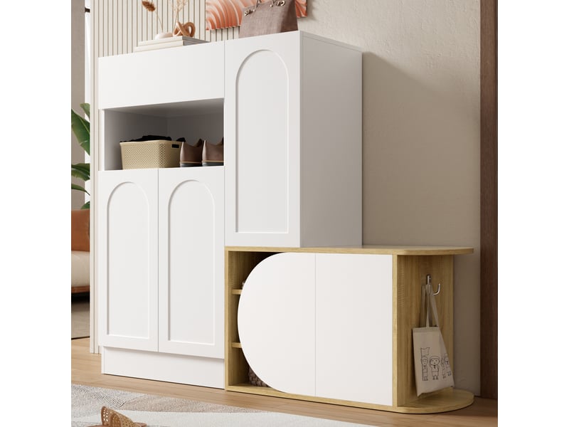  Meuble à chaussures avec banc 130x35x110,5 cm - vestiaire d'entrée multifonctionnel avec 5 portes, 1 tiroir et niche - mdf - blanc et bois  - Conforama D