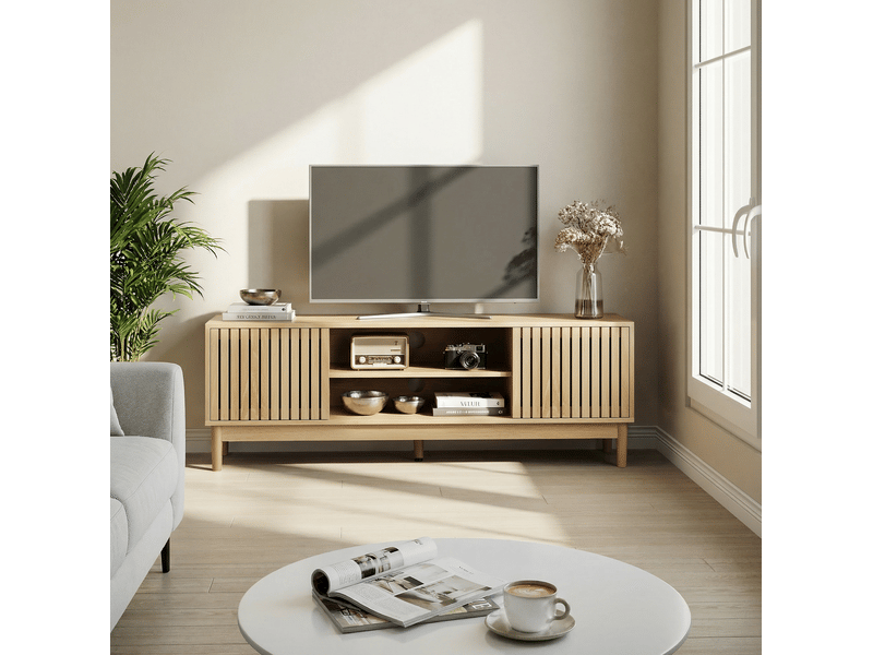  Meuble tv 140x39x48 cm avec rangements et portes, coloris chêne clair  - Conforama B