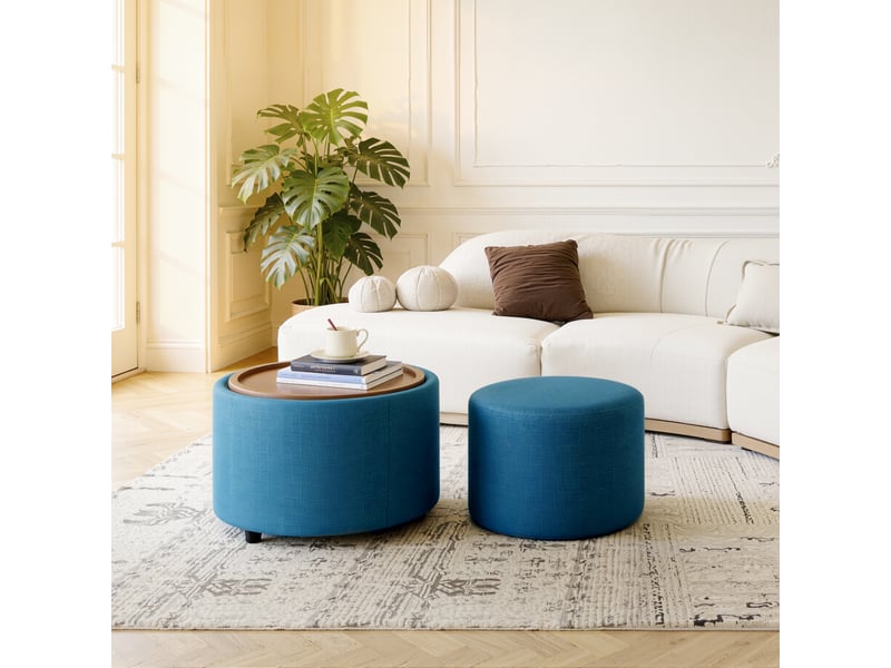  Lot de 2 poufs gigognes ball &amp; cast, bleu, rangement et plateau bois, 58 cm  - Conforama B