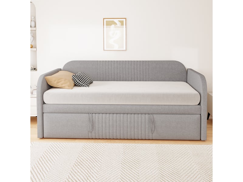 Lit gigogne 90x190 cm 2 places - canapé lit extensible 180x190 cm, sommier à lattes - tissu en lin gris - Conforama B