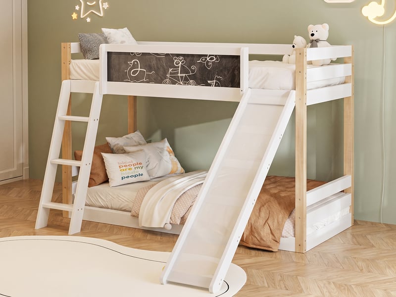 Lit superposé 90x190 et 90x200 cm, toboggan réversible, échelle et tableau noir, bois et panneaux de particules, blanc - Conforama B