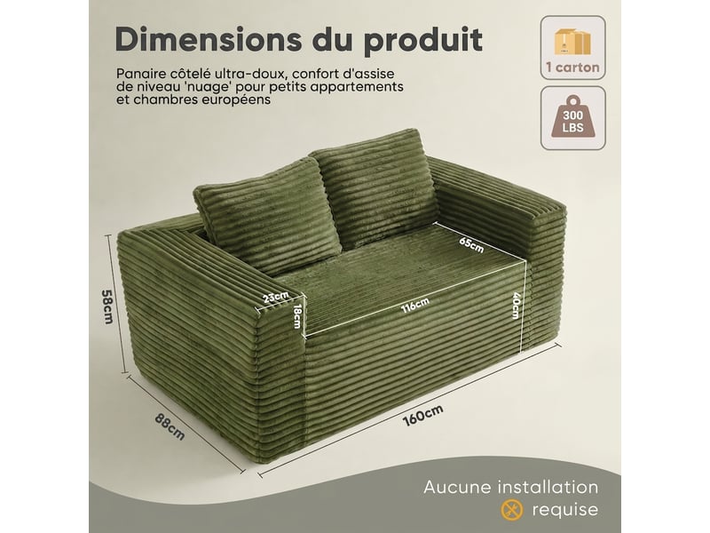  Canapé 2 places vert en velours côtelé, canapé de sol en mousse sans structure, 160 x 88 x 58 cm  - Conforama C