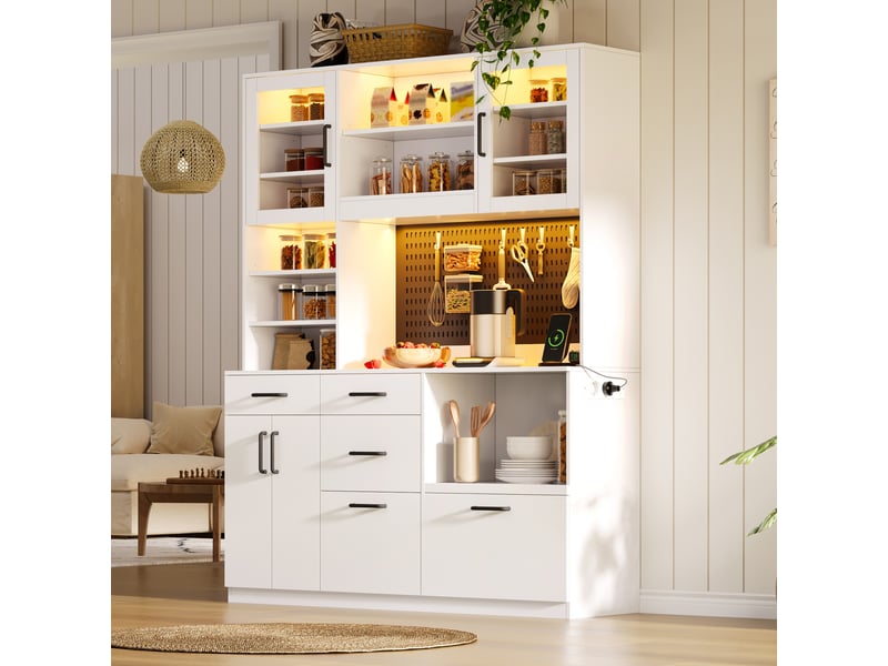  Buffet de cuisine - 185 x 145 x 40 cm - grand meuble de rangement buffet bas avec prise, éclairage led et 5 tiroirs - blanc  - Conforama B