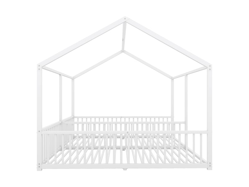  Lit superposé enfant 2 places en métal avec forme de maison, échelle et barrières, 90x200 cm, sans matelas, blanc  - Conforama E