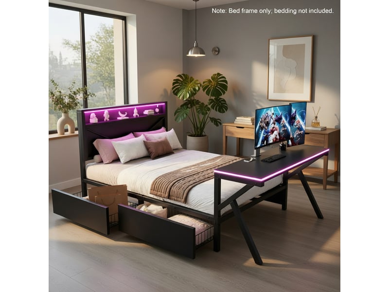  Gutenacht lit gamer 140x200 cm noir en métal avec bureau led, tiroirs et lattes  - Conforama B