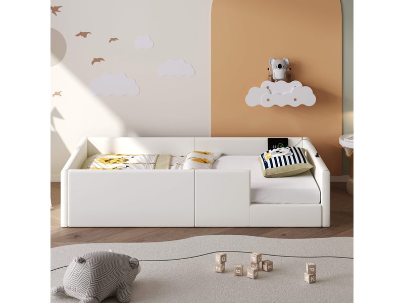 Lit rembourré 90x200 blanc avec barrière de protection et station de charge - Conforama E