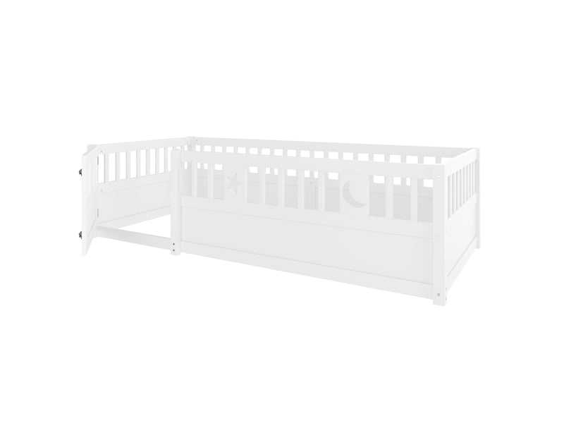  Lit enfant 90x190 cm, barrière de sécurité, décor étoiles et lune, sommier sans lattes, blanc, sans matelas  - Conforama D