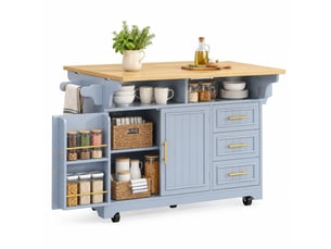 Desserte de cuisine 3 tiroirs, plateaux rabattables et roulettes en mdf 120×40(80)×95 cm bleu