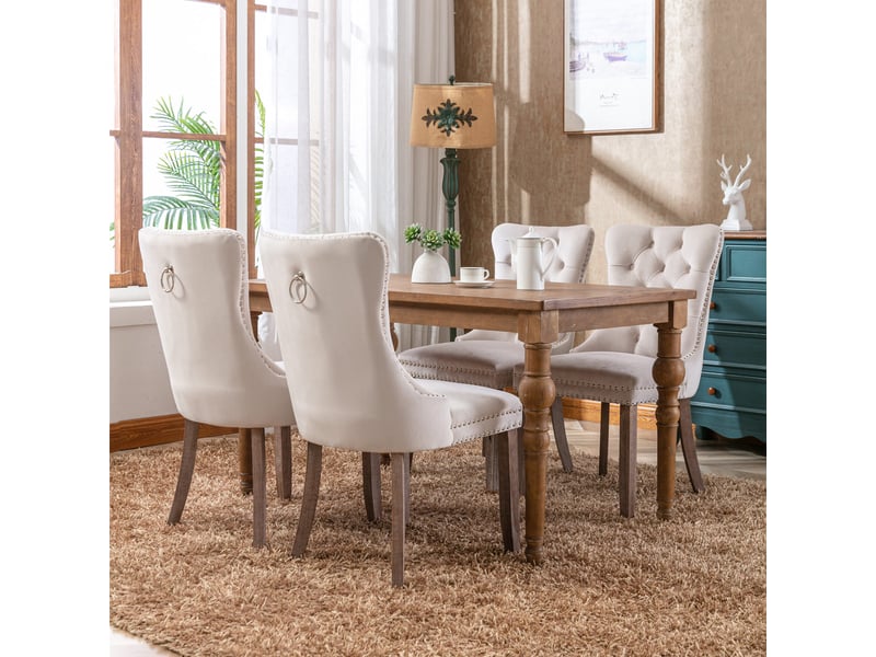 Lot de 2 chaises de salle à manger en velours beige, dossier haut capitonné, clous décoratifs, pieds en bois massif, style français élégant  - Conforama C