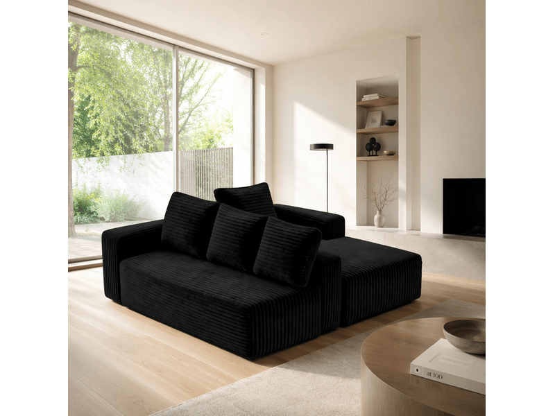  Canapé d'angle modulable 4 places avec méridienne réversible, assise profonde sans montage en velours côtelé noir  - Conforama D