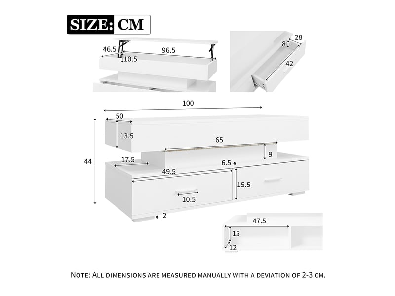  Table basse réglable en hauteur hydrauliquement (100 x 50 x 44 cm) avec éclairage led, commande par application bluetooth, 2 tiroirs et espace de rangement ouvert, blanche.  - Conforama C