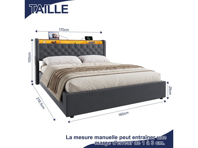  Lit coffre rembourré 160x200 avec tête de lit rangement et coffre de lit cravdom  - Conforama E