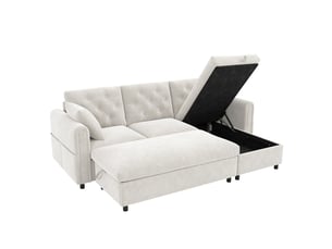 Canapé d'angle 3 places, convertible avec méridienne réversible, tissu beige avec coffre de rangement et pouf pour salon - 219x131x86 cm
