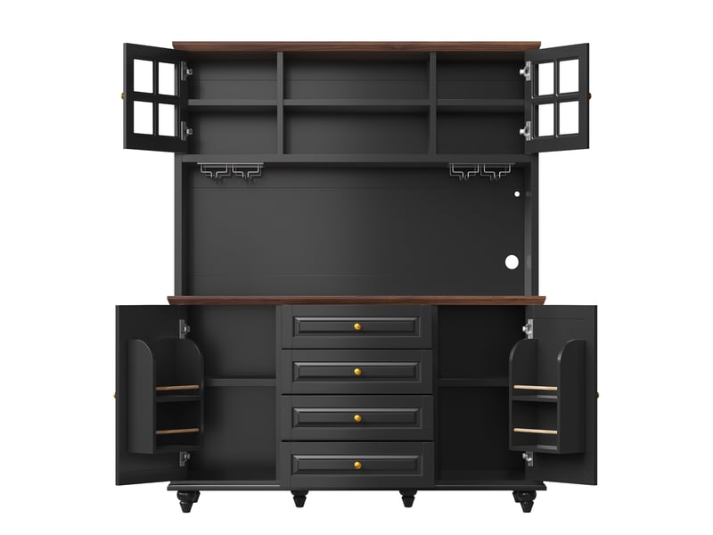 Buffet de cuisine 140x40x179,5 cm - 4 portes et 4 tiroirs, éclairage led rgb, étagères réglables, porte-verres - noir - Conforama W